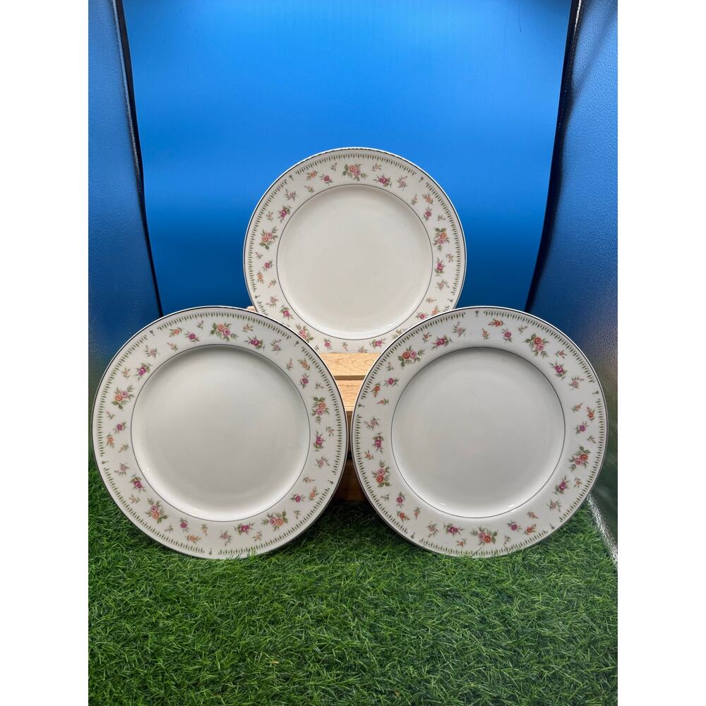 Vintage Abingdon Fine Porcelain China 10" Dinner Plates-Set of 3, Floral /Silver